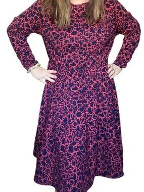 eShakti Custom Navy Blue Red Geometric Circle Print Fit and Flare Dress